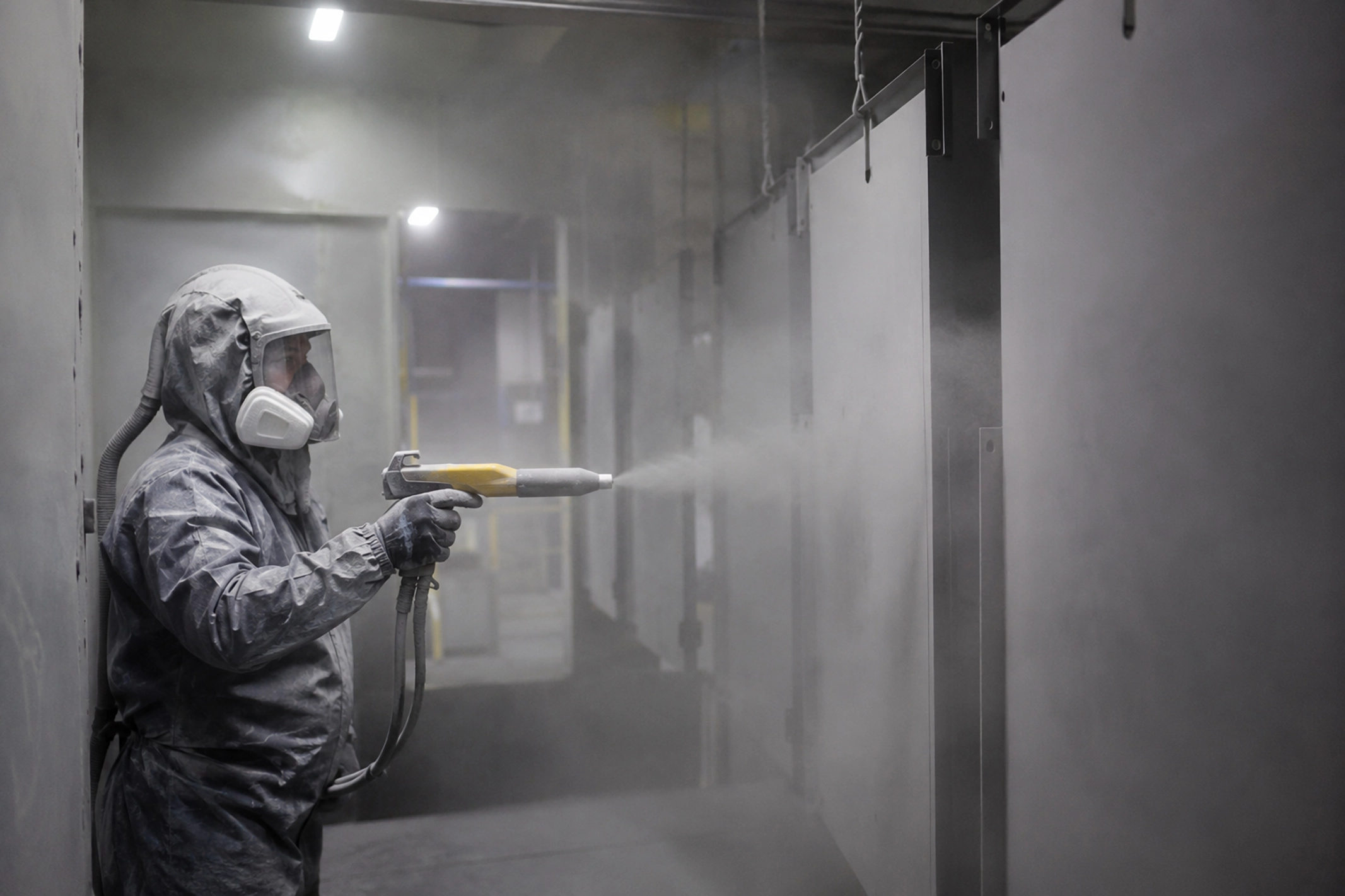 Worker powder coating some steel panels